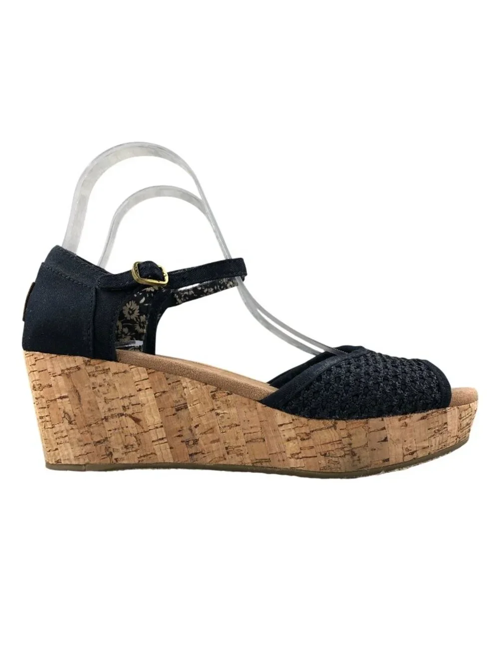 Toms Women's Size 8.5 Black Open Toe Ankle Strap High Heel Cork Wedges Sandals